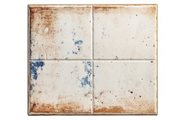 Aged White Ceramic Tiles With Rustic Blue Stains Set Against a Neutral Background on White or PNG Transparent Background.