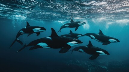 Obraz premium A pod of graceful orcas swimming through the crystal-clear waters of the ocean, their sleek black and white bodies standing out against the blue sea.