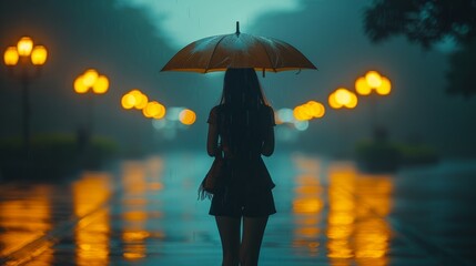 A silhouette of a person holding an umbrella strolls down a wet path illuminated by orange streetlights during a rainy evening
