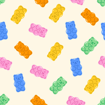 Seamless pattern of colorful gummy bears. Vector graphics.