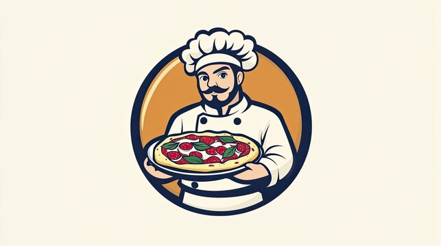 Logo design of a chef holding a pizza, with a classic emblem style, perfect for restaurant branding and food packaging.