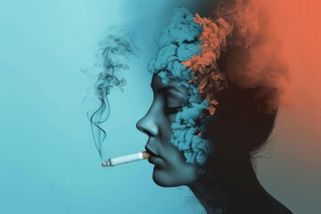 Obraz premium Surreal fusion of faces with smoke illustrating the blending of identities and the engulfing nature of smoking addiction