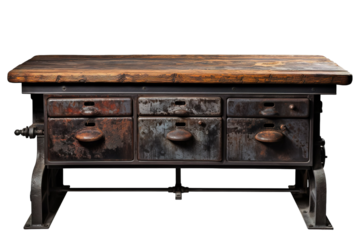 Rustic Industrial Workbench With Wooden Top and Vintage Metal Drawers in Cozy Workshop Setting on White or PNG Transparent Background.