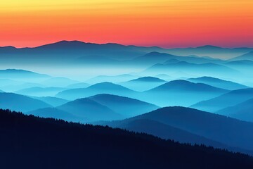 Obraz premium Stunning gradient of colors in a serene mountain landscape at sunset, showcasing layers of hills and a tranquil sky.