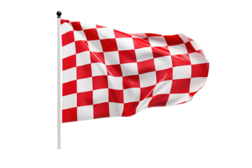 Vibrant Red and White Checkered Flag Fluttering Elegantly Against a Clear Blue Sky on White or PNG Transparent Background.