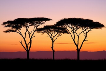 Fototapeta premium Silhouetted trees against a stunning sunset sky, showcasing nature's tranquility and beauty in an enchanting landscape.