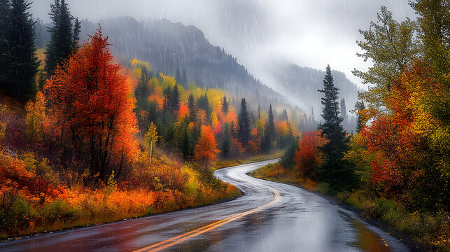 An autumn mountain road with trees displaying fiery foliage. A light fog settles over the area as rain begins to fall, creating a mystical and beautifully muted palette of fall colors.