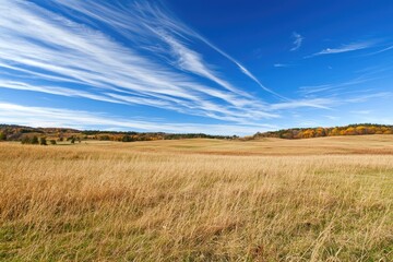 Obraz premium A vast, open landscape showcasing rolling hills and a clear blue sky, with wispy clouds highlighting the serene beauty of nature.