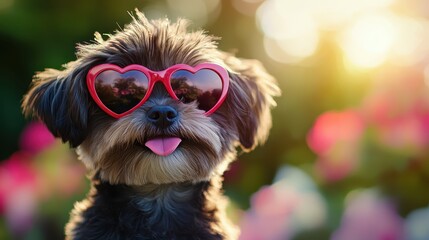 Portrait of Maltese puppy with pink bubble gum in garden background,white dog make bubble with chewing gum, photo of cute puppy wearing heart sunglasses,small animal,copy space.