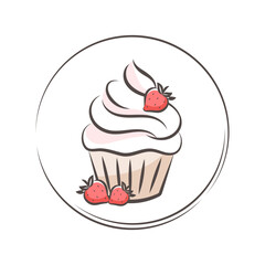 Cake or muffin with berries. Cake shop logo. Illustration for a restaurant and cafe menu, confectionery shop