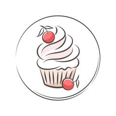 Cake or muffin with berries. Cake shop logo. Illustration for a restaurant and cafe menu, confectionery shop