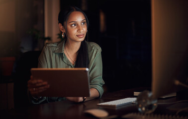 Woman, tablet and night office for business, corporate workplace and computer for website research...