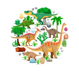 Prehistoric dinosaurs, round banner of vector jurassic dino animals, prehistoric reptile eggs, footprints, forest trees and plants. Cute cartoon brachiosaurus, allosaurus and centrosaurus dinosaurs