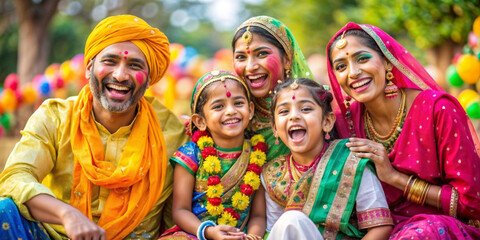 Joyful Indian Family in Festive Attire: Vibrant Colors of Tradition and Unity During Diwali Celebrations