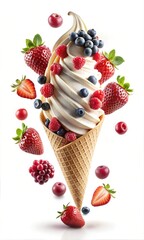Berry Medley Ice Cream Cone with Swirls and Whipped Delights with Toppings: A Cold and Creamy Frozen Dessert in a Crispy Wafer
