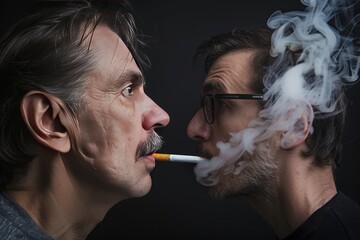 Fototapeta premium Dramatic confrontation between two men shrouded in smoke depicting the conflict and dialogue about the harms of smoking