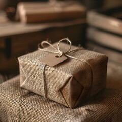 Handmade Burlap Gift Box with Rustic Twine Tag in Warm Cozy Atmosphere