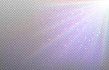 Light flare overlay effect on transparent background. Rainbow rays light with shining dust. Vector sun overlay refraction and little stars. Bright rays effect.