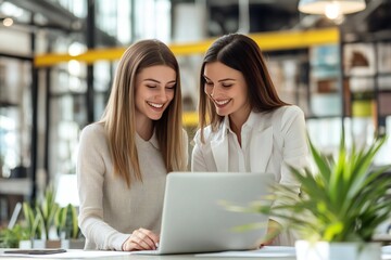 Two smiling professional female partners or coworkers, happy business women entrepreneurs working together in office looking at laptop using computer writing notes standing at work desk