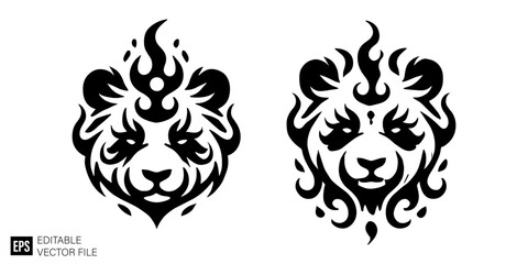 set of tribal flame panda head vector illustration black and white silhouette graphic design template