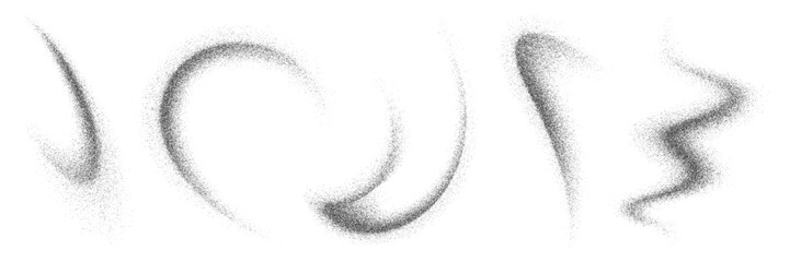 Fototapeta premium Noise grain wave spray, sand and dust paint brush. Vector set of abstract black grainy dynamic and flowing texture, created by sprayed sand and dust paint brush strokes. Grunge dotwork elements