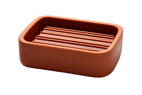 A Modern Clay Soap Dish Displayed on a Minimalist Bathroom Countertop in Natural Daylight on White or PNG Transparent Background.