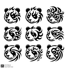 set of tribal flame panda head vector illustration black and white silhouette graphic design template