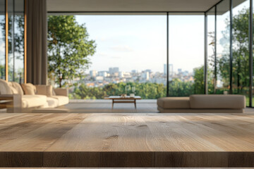 Fototapeta premium Empty wooden table top with a blurred living room interior background for product display montage, modern home decor, green plants, and a window view of a cityscape.