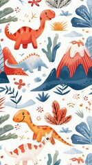 Fototapeta premium A vibrant display of various dinosaurs among trees and mountains, embodying a fun prehistoric atmosphere