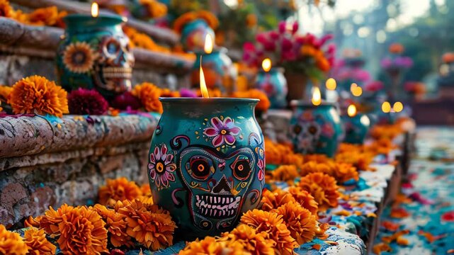 A row of blue vases with skulls illuminated with candles. Day of the Dead. D&iacute;a de muertos