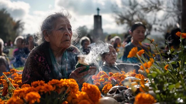 An old woman pays homage and leaves offerings to her dead at a cemetery altar on the Día de Muertos