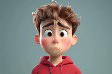 Thinking upset sad bored american cartoon character young boy person portrait in 3d style design on light background. Human people feelings expression concept 