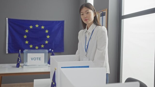 Asian woman voting in european election with eu flag in background symbolizing multicultural participation
