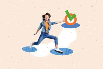 Creative picture collage young man kid teen check acceptance done complete task tick success achive target goal accomplish ambition