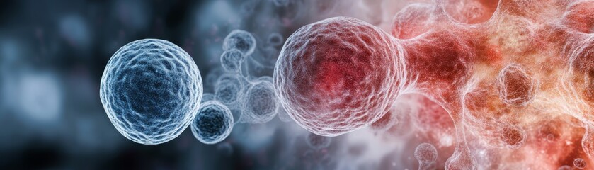 Abstract image of cells with blue and red tones.