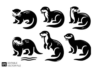 set of otter vector illustration black and white silhouette graphic design template
