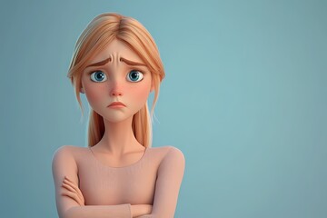 Obraz premium Thinking upset sad bored scandinavian cartoon character young adult woman girl person portrait in 3d style design on light background. Human people feelings expression concep