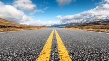 Fototapeta premium A long, straight road stretches towards snow-capped mountains under a bright blue sky. The road is lined with yellow lines and the landscape is vast and open.