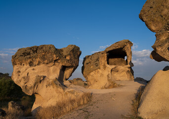 Historical Forty Stairs Rock and Phrygian rock chambers by Lake Emre. Phrygian valley. Travel...