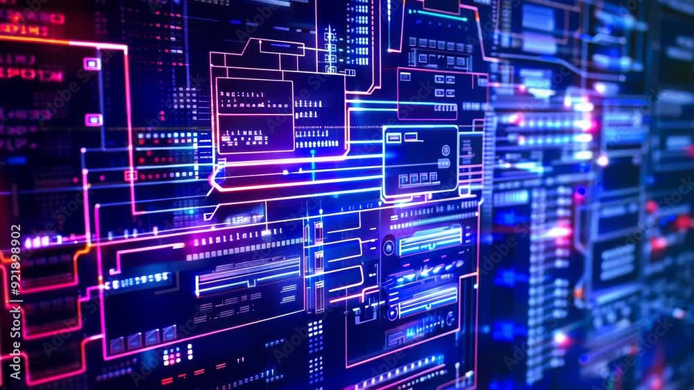 Aufkleber futuristic programming interface with glowing data flow and digital circuit board elements in high-t