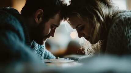 An intimate moment captured between two people leaning their heads together, creating a feeling of comfort, connection, and emotional support in a close and personal setting.