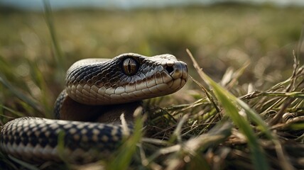 Fototapeta premium Grey Snake Crawling Cautiously Through Grassland, Cinematic Image