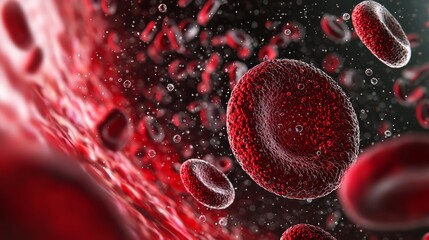 Fototapeta premium Microscopic view of red blood cells flowing through a blood vessel.