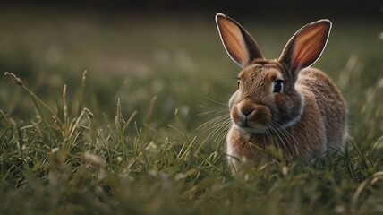 Fototapeta premium Cute Hare Relaxing Cautiously On Grassland, Cinematic Image