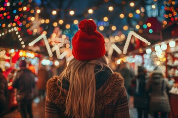 Obraz premium A woman wearing a red hat stands in a busy city street