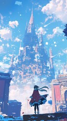 Enchanting Winter Cityscape: Anime-Style Illustration of Desolate Urban Beauty. Magical Snowy Wonderland with Whimsical Elements for Creative Marketing, Game Design, and Seasonal Artwork. Dreamy Blue-