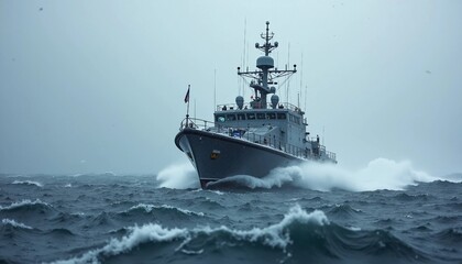 Naklejka premium A coastal patrol boat navigating through rough seas during a winter storm, with snow flurries and strong winds 