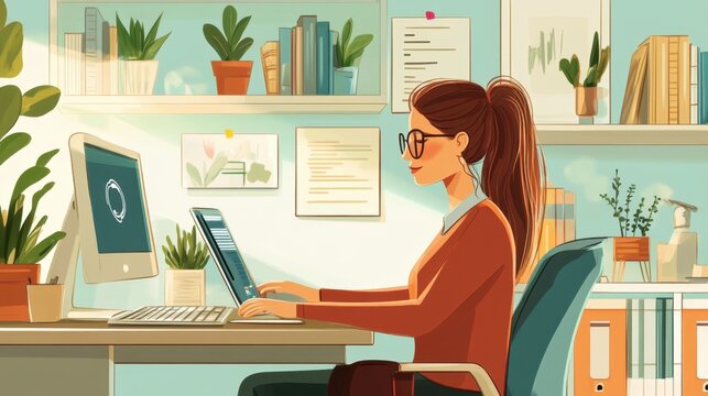 Freelancer maximizing efficiency with AI tools in a cozy home office