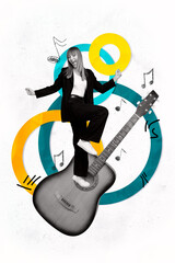Vertical poster collage young woman guitarist instrument player hobby clubber dance funky party...