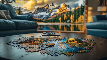 A nearly completed jigsaw puzzle of a scenic landscape, with only a few pieces left, placed on a coffee table in a cozy living room.